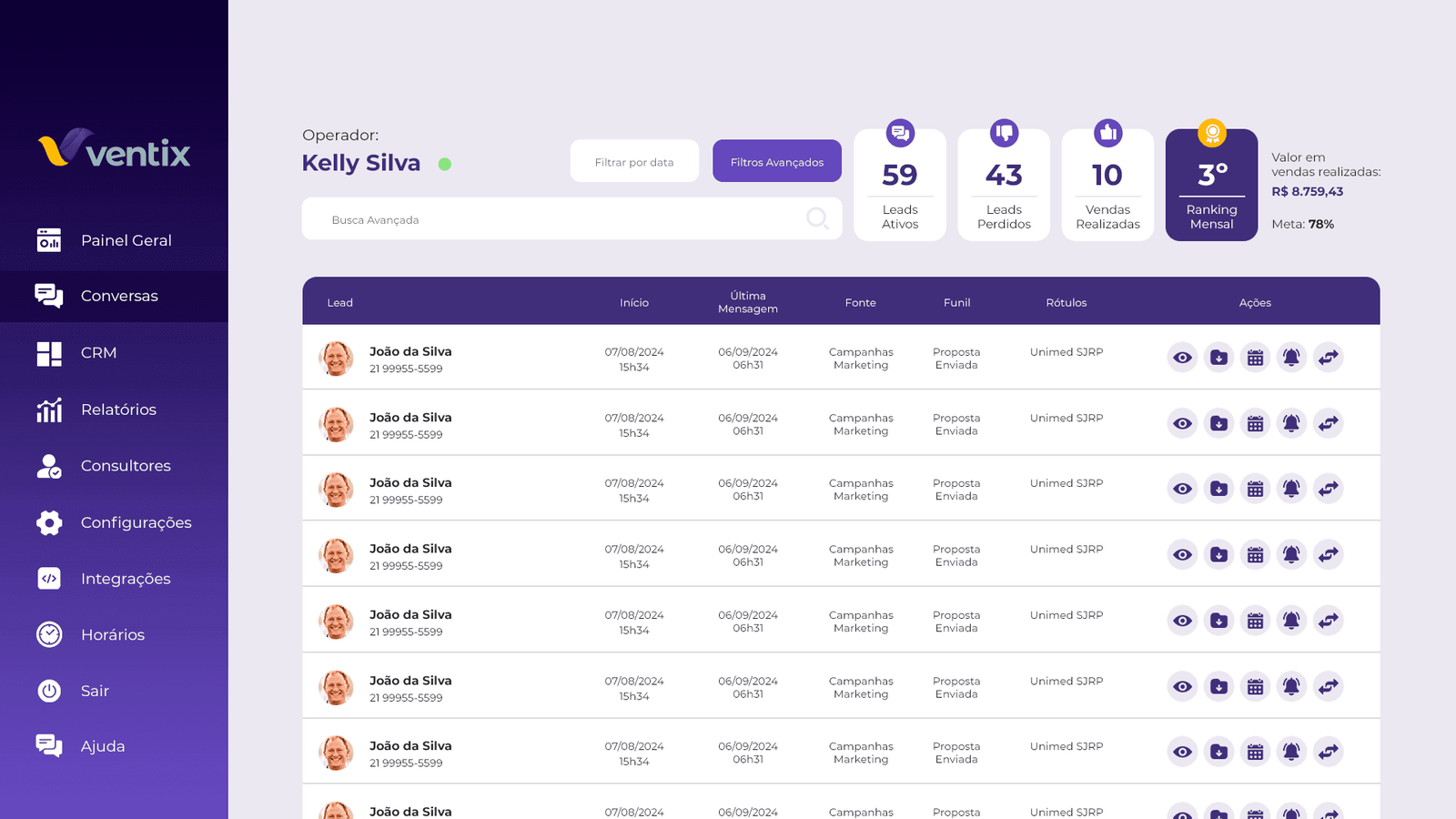 Telas do produto Ventix e organização do CRM