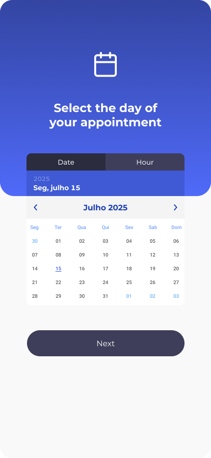 Crossby Health — Seleção da data da consulta no calendário.