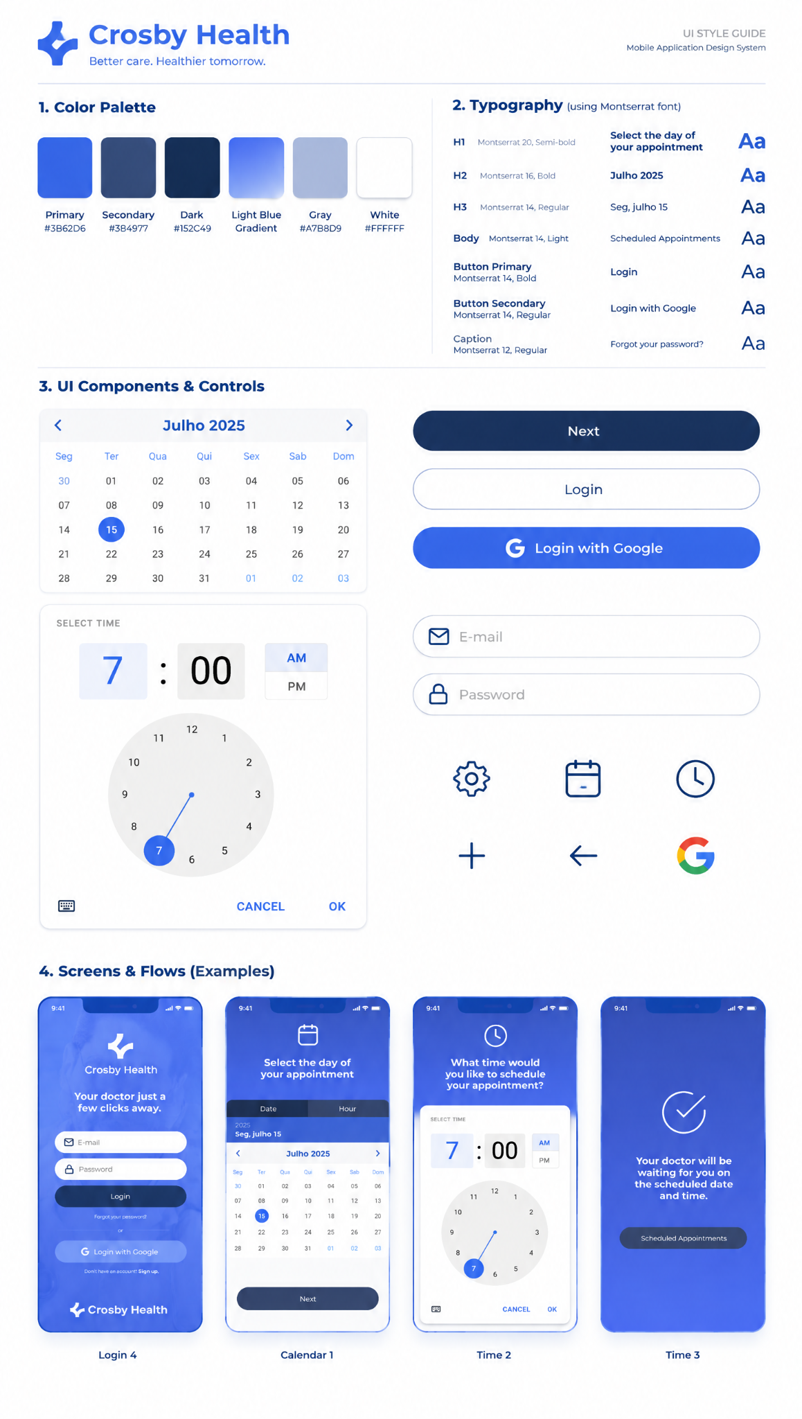 Crossby Health — Prancha visual com cores, tipografia e componentes do aplicativo.