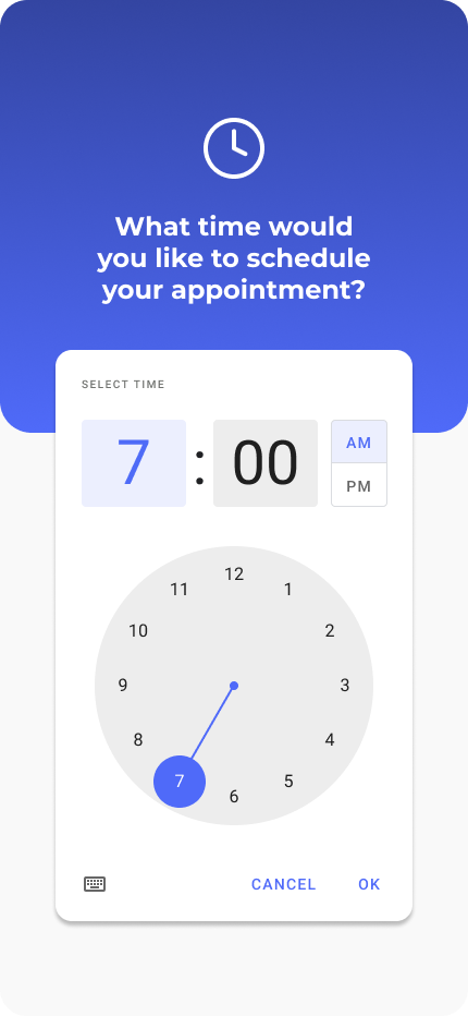 Crossby Health — Seleção do horário com controles de hora e período.