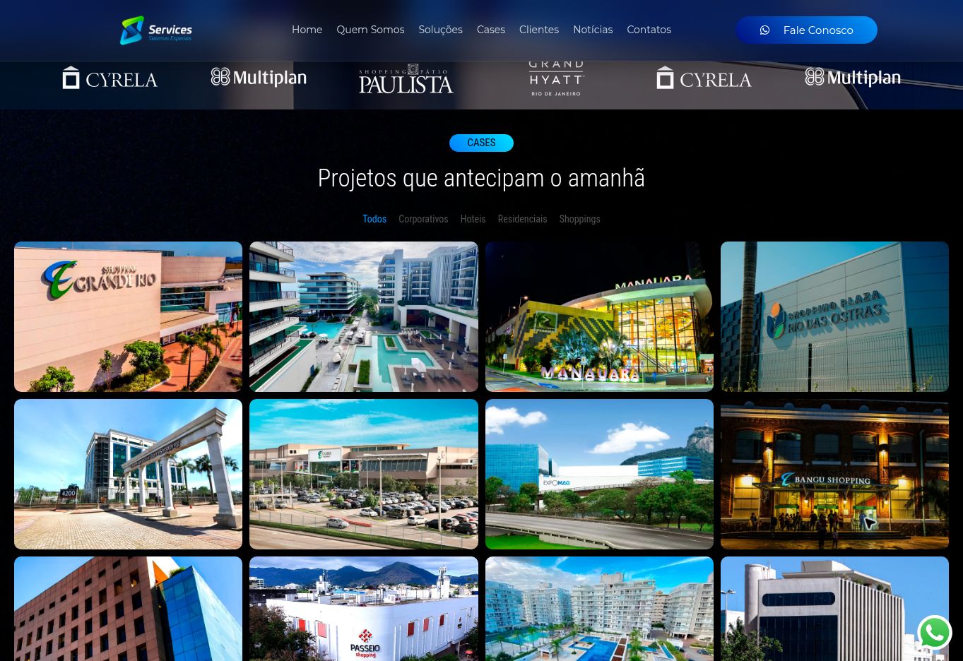 Services — Vitrine de projetos com categorias por segmento.