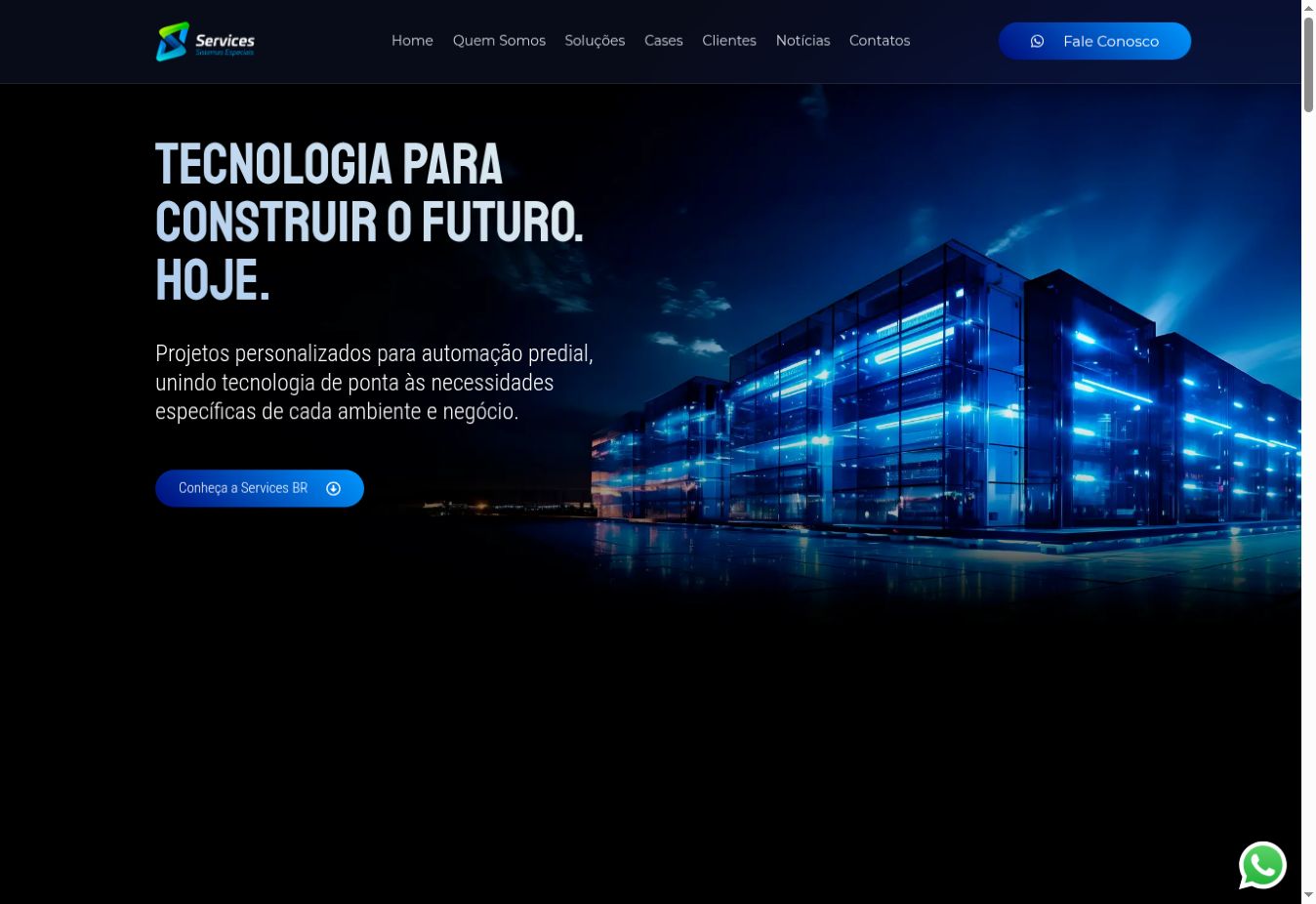 Services — Home do site institucional com arquitetura e iluminação azul.